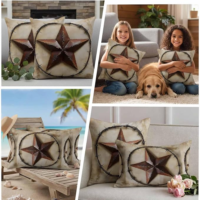 Country Star Retro Waterproof Outdoor Pillow Covers Set of 2 Home Decor, Farmhouse Western Aesthetic Art Pillowcase Patio Pillow Covers for Couch Bench Furniture Garden 26x26in
