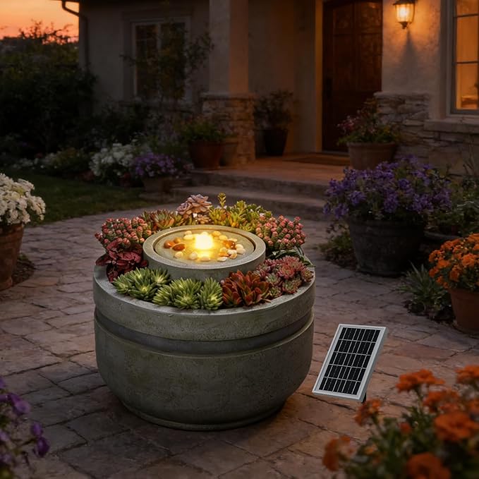 Solar Water Fountain Outdoor Garden Solar Power Fountains with Lights and Built-in Planter,Zen Bubbler Water Feature Outdoor for Outside Patio Yard Home Décor, 23.62" L x 23.62" W x 18" H