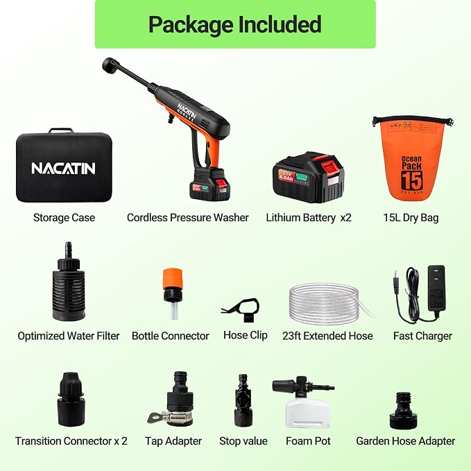 Cordless Washer, 3 Gear Brushless Washer for Car Washing, Patio, Fence, Driveway, Outdoor Cleaning, with 2 Batteries, 6 in 1 Nozzle, 6 Meter Hose, Tap Adapter