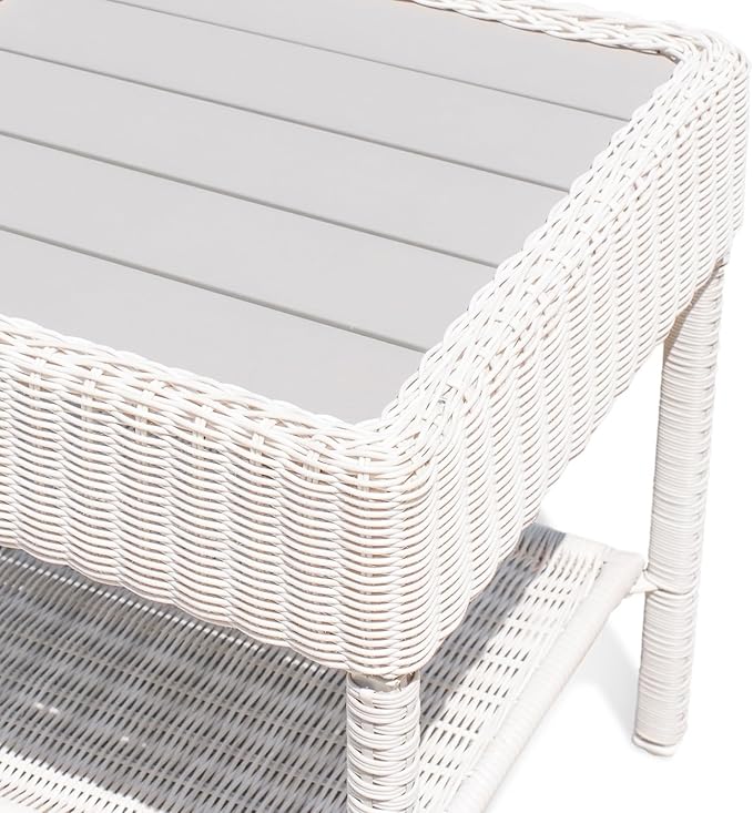 Park Meadow Outdoor Wicker Coffee Table All-Weather HDPE Rattan Patio Furniture w/Double Shelves & Grey HIPS Top, Off White