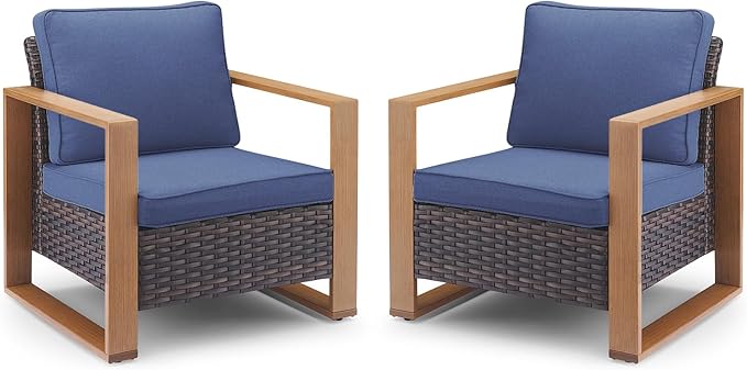 Belord Patio Wicker Chairs Set of 2-350 LBS Weight Capacity Wicker Outdoor Club Chair Set with Metal Wide Armrests for Porch Deck Sunroom Backyard