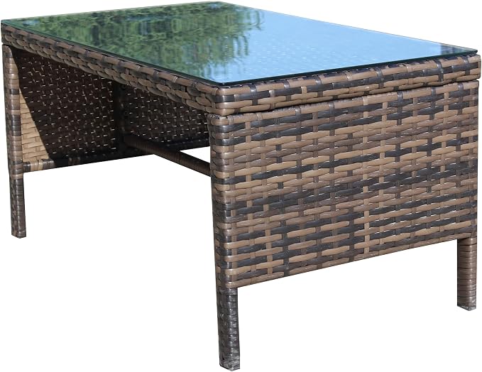 30.75" Outdoor Patio Side Table – Low Rectangle Coffee Table with Tempered Glass Top, Outdoor Wicker End Table for Backyard Deck Patio, 180 lbs Capacity, Brown