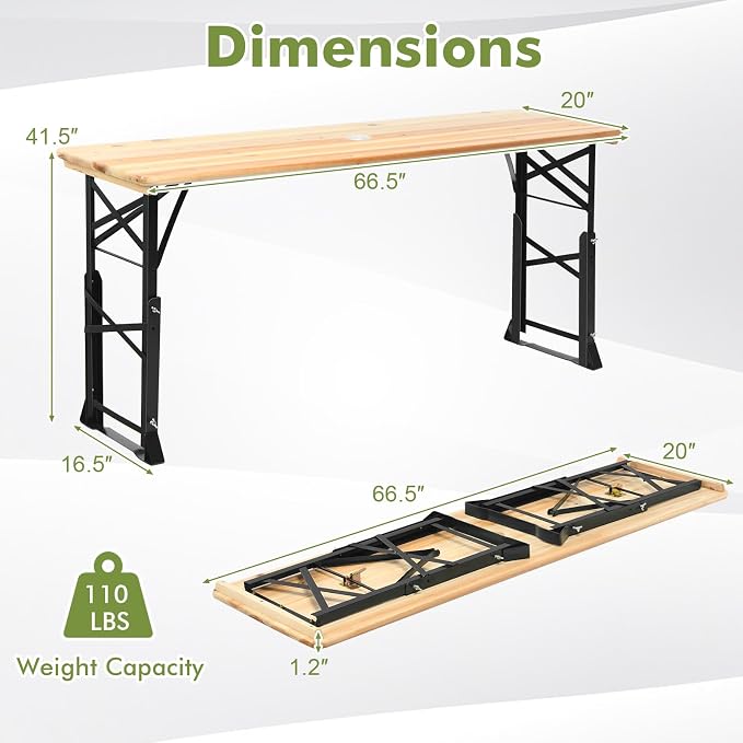 Goplus Folding Picnic Beer Table, 66.5” Outdoor Camping Table with Adjustable Heights, Umbrella Hole and Wood Top, Rectangular Portable Picnic Table for Patio Garden Party Backyard, No Assembly