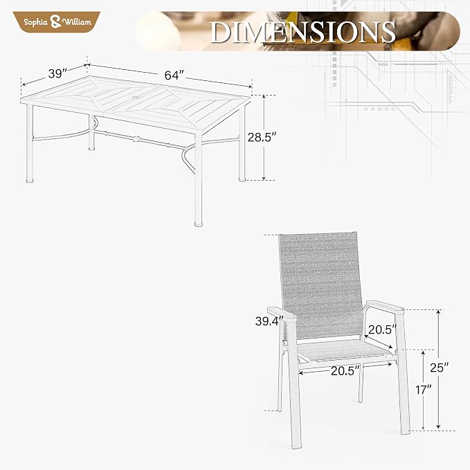 Sophia & William 7 Piece Outdoor Dining Set, Metal Patio Table with Umbrella Hole and Space-Saving Stackable Textilene Chairs with Aluminum Frame for Patio Lawn Garden (Grey Chairs)