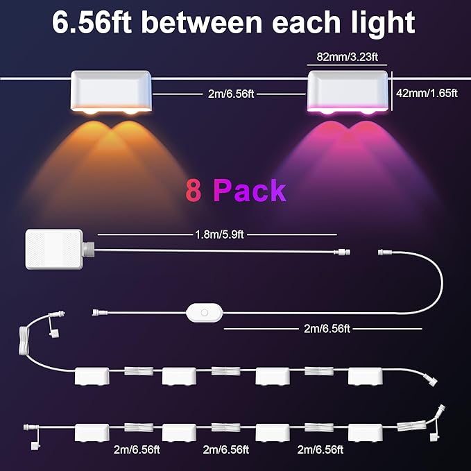 Outdoor Deck Lights, 8 Lights Smart Fence Lights Compatible with Alexa & Google Home, IP65 LED Patio Deck Lighting with Remote, Fence Lighting Music Sync for Patio Yard Garden(52.4ft)