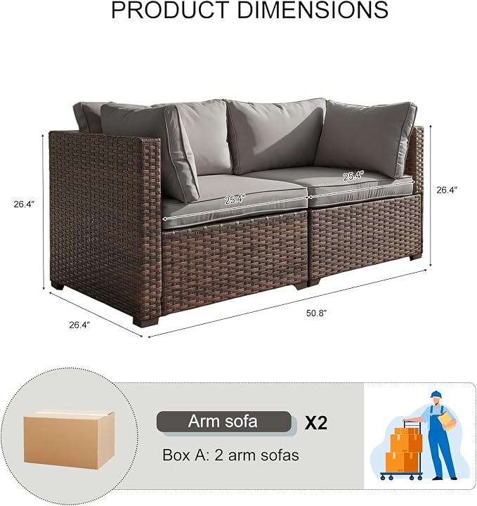 2 Pieces Patio Furniture Set, Outdoor PE Rattan Sectional Sofa with Soft Cushions for Backyard, Porch, and Poolside (Gray, 2 PCS)