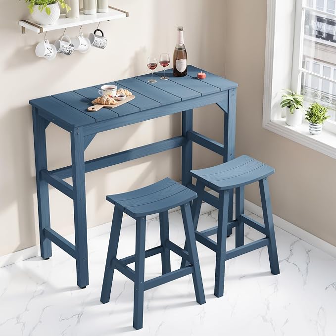 Stoog All-Weather 3-Piece Patio Bar Set – Counter Height Bar Table & 2 Bar Stools, Low Maintenance, Fade & Rot Resistant, Blue for Backyard, Garden, Balcony, Deck