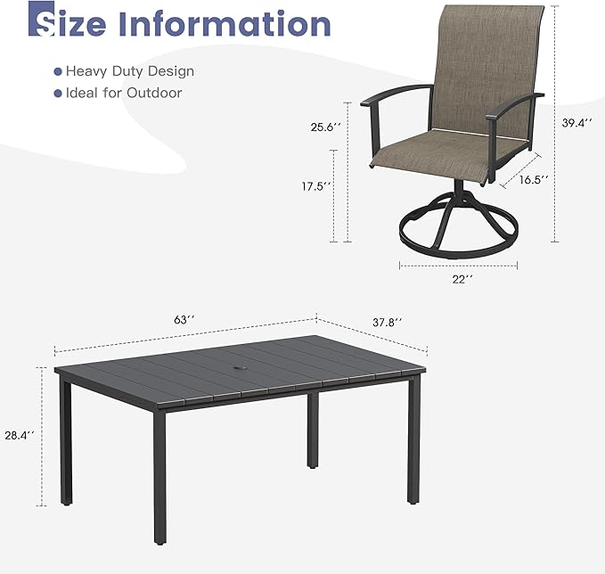 VICLLAX 7 Pieces Patio Dining Set, Patio Furniture Set of Metal Outdoor Table with Umbrella Hole and 6 Swivel Patio Chairs for Backyard Lawn, Mixed Brown & Black
