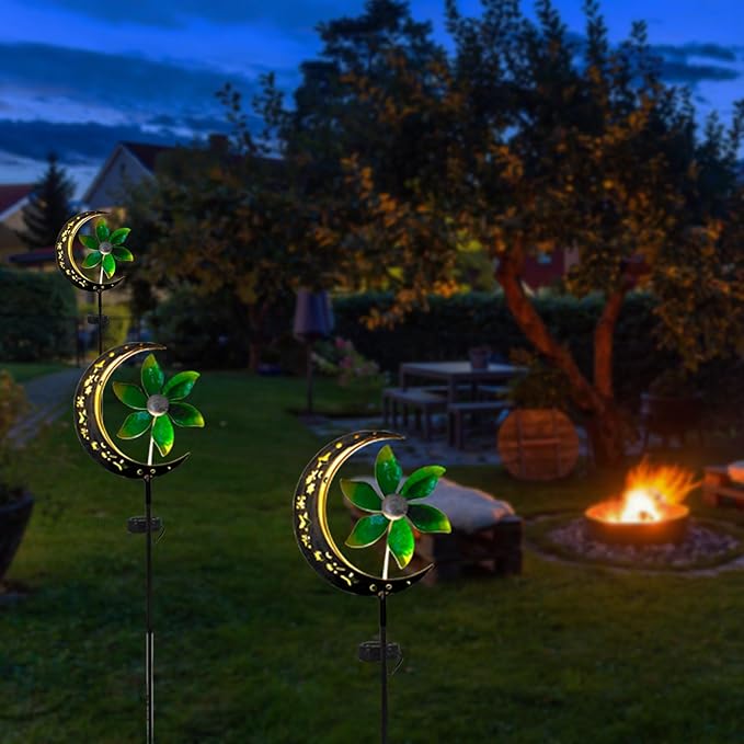 Solar Moon Garden Decoretive Lights with Windmill Metal Stake Outdoor Path Lights Waterproof Landscape Lighting for Yard Patio Pathway