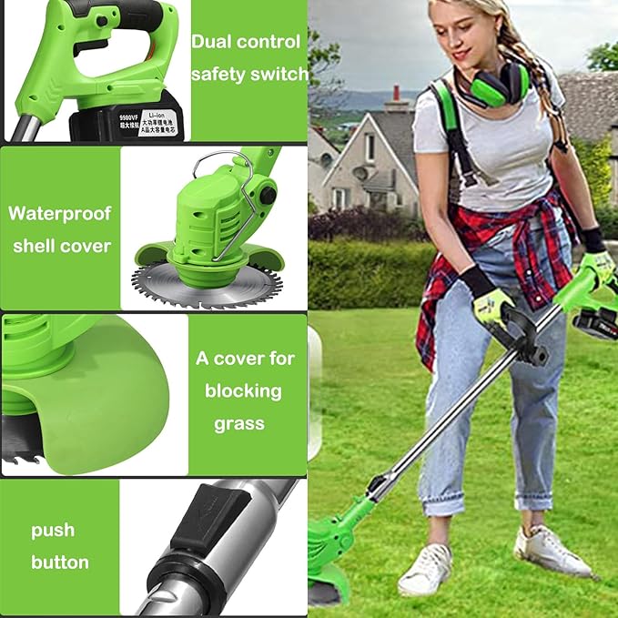 Weed Wacker Battery Operated, 21v 3 in 1 String Trimmer Cordless with 2 * 2.0ah Li-Ion Battery Powered & 3 Cutting Blade Types Edger Lawn Tool Extends from 35" to 47" 1