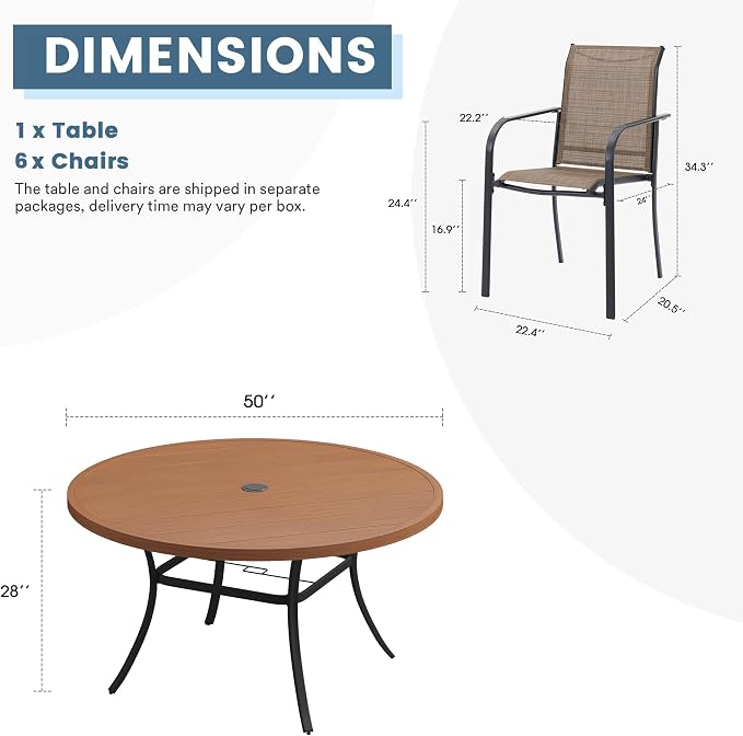 DIFY Patio Dining Set for 6, 7 Piece Outdoor Table and Chairs Set, 50" Walnut Round Metal Patio Dining Table and 6 Brown Textilene Stackable Patio Chairs, for Backyard Garden Poolside