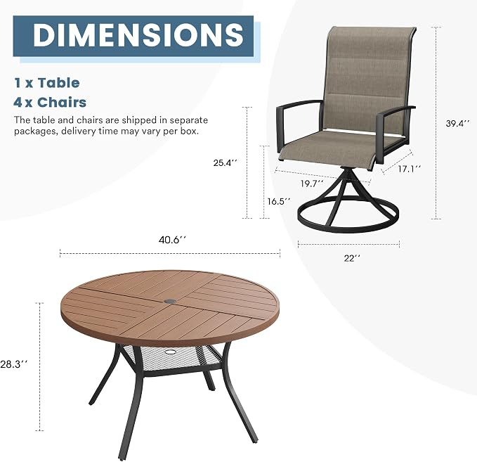 DIFY 5 Piece Outdoor Dining Set, Metal Patio Table and Chairs Set, 40.6" Walnut Round Dining Table & 4 Brown Padded Textilene Swivel Patio Chairs, Outdoor Furniture Set for Garden Backyard Porch