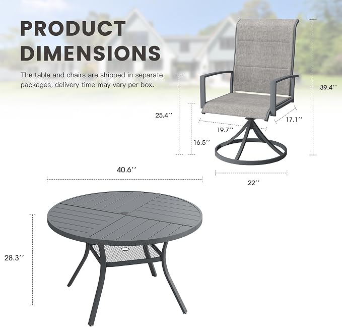 Outdoor Dining Set for 4, 40.7" Outdoor Dining Table with Umbrella Hole and Padded Textilene Patio Swivel Chairs, 5 Pieces Patio Table and Chairs Set for Garden Backyard, Grey and Dark Grey