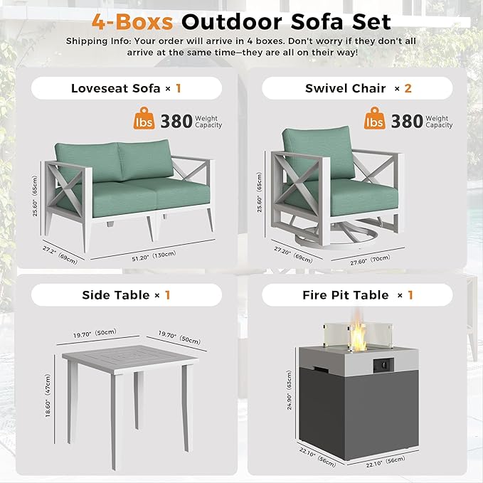 Aluminum 4-Seats Outdoor Patio Furniture Set with Fire Pit, Sectional Conversation Sofa with 5.2" Thick Cushions & Swivel Rocking Chairs, Rust-Resistant Frame Sofa for Porch, Backyard, White