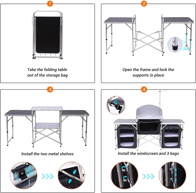 Nice C Camping Kitchen Table, Folding Cook Table, Upgrade Light Stand and Windshield Cook Station & 3 Organizers, Carry Bag for Grill, Outdoor, Beach, BBQ, Picnic, Cooking (Silver)