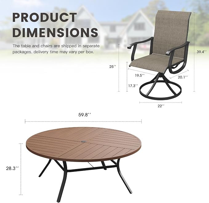 Outdoor Dining Set for 8, 60.1" Metal Round Outdoor Dining Table with Umbrella Hole and Sling Patio Swivel Chairs, 9 Pieces Patio Table and Chairs Set for Garden, Mixed Brown and Walnut