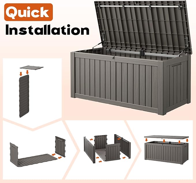 Outdoor Storage Box, Resin Deck Boxes Indoor and outdoor, Waterproof Storage Box Lockable Lid (Grey,150 Gallon)