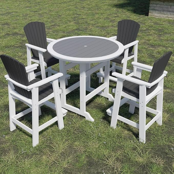 Outdoor Bar Table, Counter Height Round High Top Pub Table with 1.96" Umbrella Hole for Backyard Deck Balcony Front Porch White & Grey