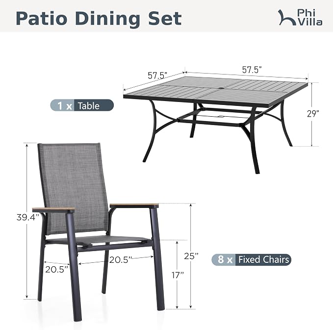 PHI VILLA Outdoor Dining Set for 8 w/Square Table & Aluminum Chairs, Grey | Stackbale chairs, Breathable & quick-drying sling, Light-weight & space-saving, Metal Table, Umbrella Hole, Patio deck