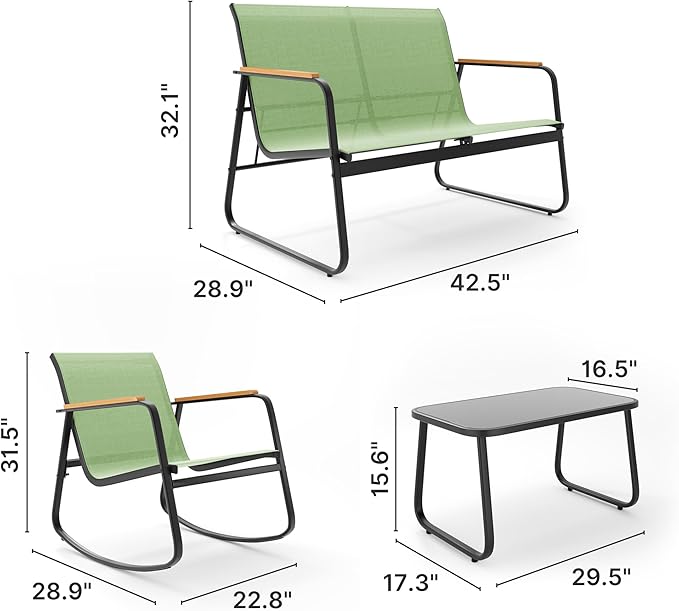 Ahomly 4-Piece Outdoor Patio Furniture Set, All Weather-Resistant Textile Fabric Outdoor Conversation Set with Coffee Table, Patio Rocking Chairs for Lawn, Balcony, Poolside (Green)