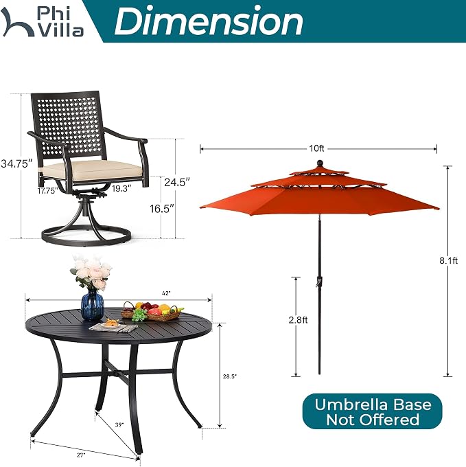 PHI VILLA Outdoor Round Table Set w/Umbrella, Patio Metal Furniture for 4 | 42" wrought iron table & swivel chairs. 10ft red umbrella. 5pc dining set for deck, porch, backyard.
