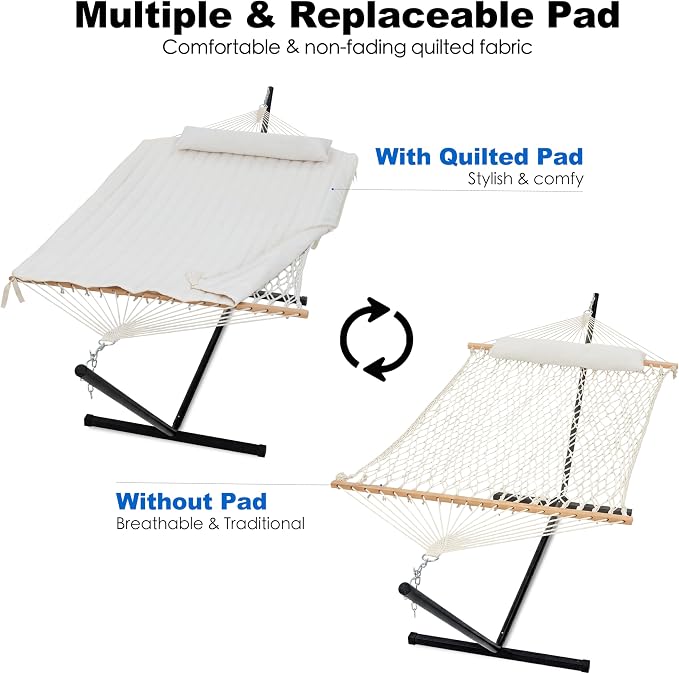 GAFETE 2 Person Hammock with Stand for Outside, 52inch Double Cotton Rope Hammock with Polyester Pad, Heavy Duty Steel Stand, Large Removable Pillow, Storage Bag, Max 475 lbs Capacity (Cream with Pad)