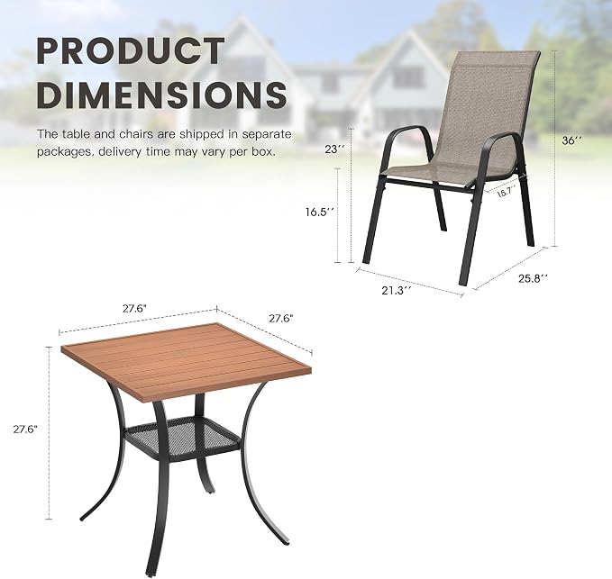 3 Pieces Outdoor Dining Set, 27.5" Square Table & Stackable Patio Dining Chairs, Patio Table and Chairs Set for Deck Garden Porch, Brown Chairs & Walnut Table