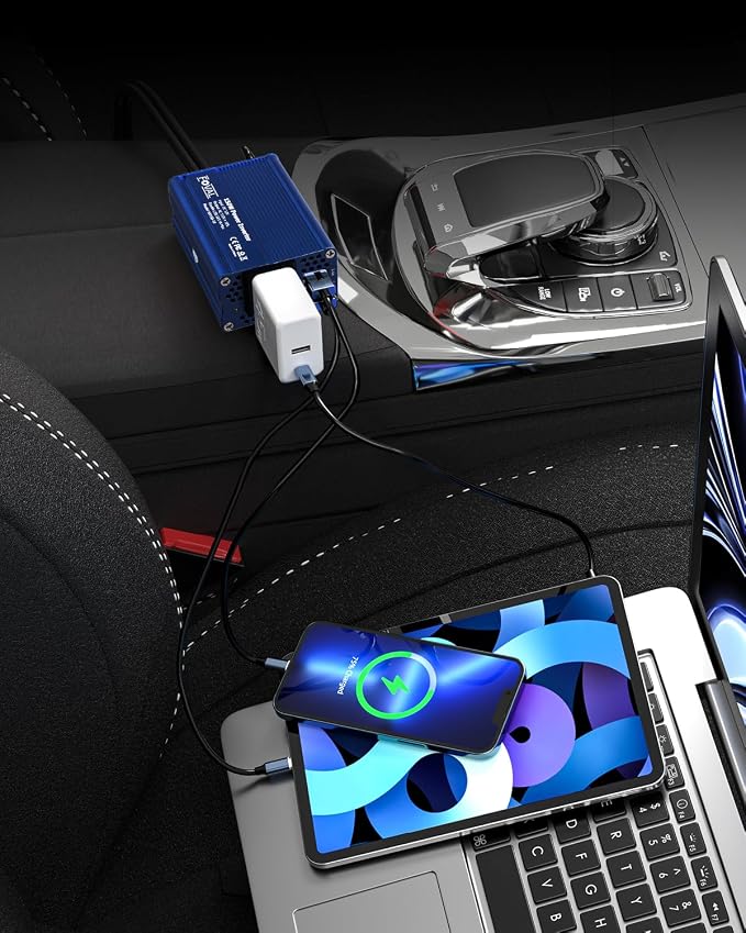 FOVAL 150W Car Power Inverter 12V DC to 110V AC Converter Vehicle Adapter Plug Outlet with 3.1A Dual USB Car Charger for Laptop Computer (Classic Blue)