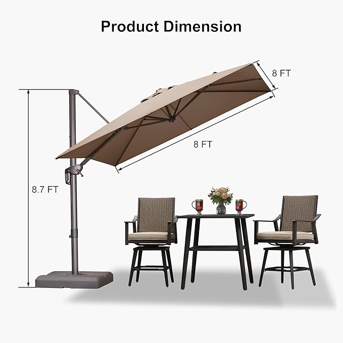 PURPLE LEAF 8' X 8' Cantilever Patio Umbrella Antique Bronze Square Umbrella with 360° Rotation and Aluminum Offset Hanging Outdoor Umbrella for Pool Garden Backyard Deck, Taupe
