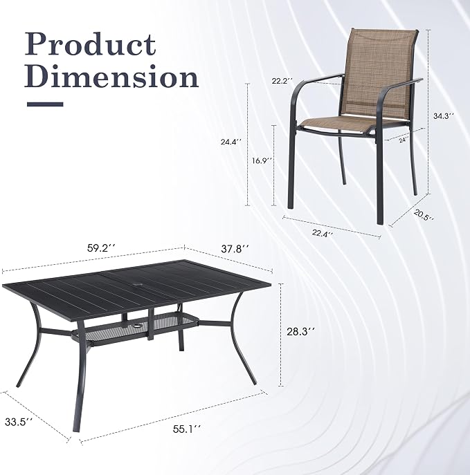7 Pieces Outdoor Dining Set, Stackable Textilene Paito Chairs & 59.2" Rectangle Dining Table with Umbrella Hole and Shelf, Patio Dining Set for Backyard, Deck, Garden, Brown & Black