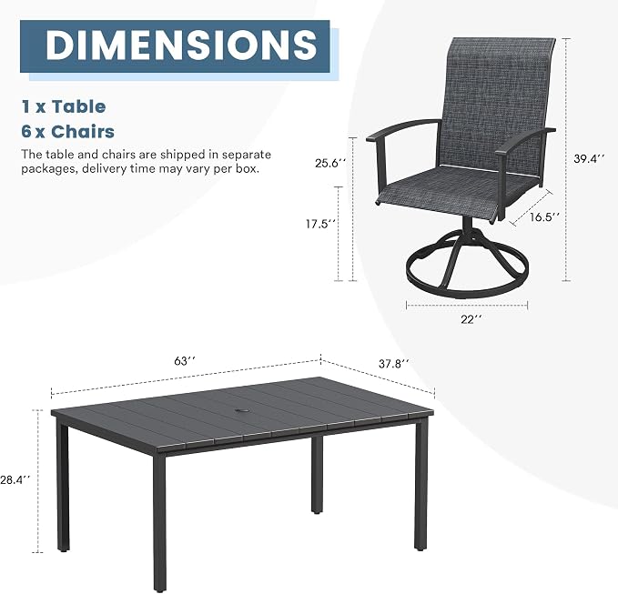 DIFY 7 Pieces Outdoor Dining Set, Metal Patio Table and Chairs Set for 6 with Umbrella Hole, 63" Black Rectangle Table and Dark Grey Textilene Swivel Patio Chairs for Garden, Backyard, Poolside