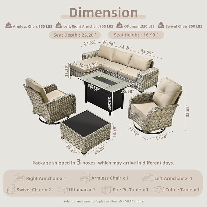 Outdoor Sectional Patio Furniture Set with Fire Pit Table,8 Pieces Wicker Conversation Sets L Shaped Couch,Extra Deep Out Door Sofa Outside Furniture with Swivel Chairs,Beige