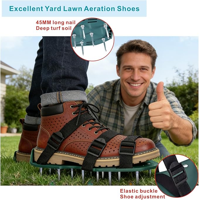 Lawn Aerator Shoes Upgrades Aeration Shoes for Lawn Heavy Strap Spike Shoes for Grass Soil Aerating Spikes Tool (Green)