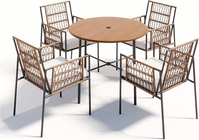 LAUSAINT HOME 5 Piece Outdoor Patio Dining Set, PE Rattan Patio Furniture Set with 4 Cushioned Armchairs & 1 Round Dining Table with Umbrella Hole, Steel Frame for Backyard, Porch, Poolside, Beige