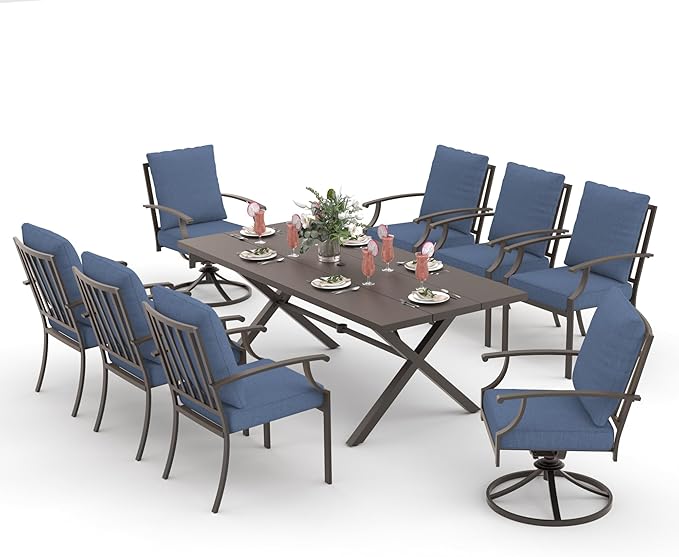 ALAULM 9-Piece Patio Dining Table and Chairs for 8 Outdoor Dining Set with 2 Swivel Chairs Patio Dining Sets with Rectangular Metal Table with Umbrella Hole for Patio, Backyard, Garden-Dark Blue