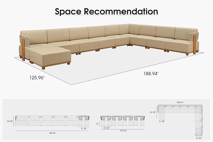 PURPLE LEAF Patio Furniture Set Modular U-Shaped Outdoor Sectional Sofa with 11" Thick Olefin Cushion 10-Piece Outdoor Conversation Set w/Ottoman & Coffee Lights for Backyard Garden Poolside, Beige