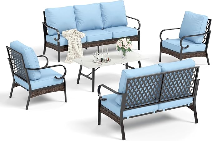 HERA'S HOUSE 5 Piece Metal Patio Furniture Set, 7 Seats All Weather Outdoor Conversation Set, 3 Seat Sofa with Loveseat, 2 Fixed Chairs, Coffee Table for Backyard, Garden, Deck, Blue
