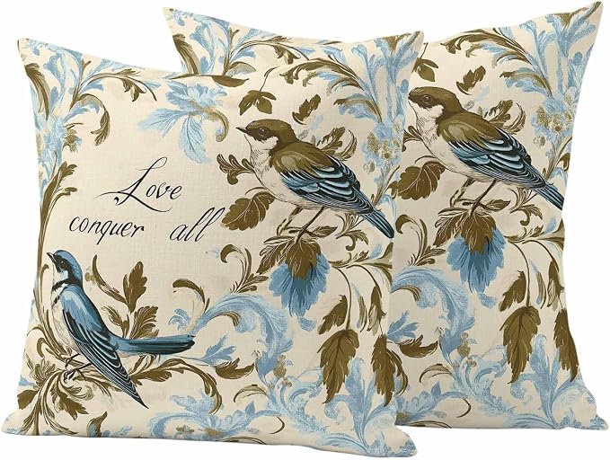 Vintage Bird Flower Outdoor Waterproof Throw Pillow Covers Set of 2, 18"x18", Watercolor Green Blue Floral Decorative Pillow Covers Outside Cushion Case for Patio Porch Garden