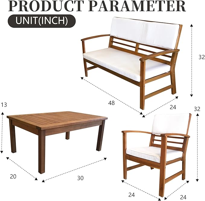 PayLessHere 4-Piece Acacia Wood Patio Furniture Set Modern Conversation Set Outdoor Bistro Table and Chairs for Backyard, Balcony, Deck, or Indoor Use (Nature)