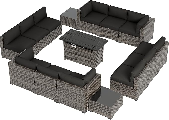 Aoxun Patio Furniture Sets, 15-Piece Outdoor Patio Furniture with 44'' Propane Gas Firepit Table, Wicker Outdoor Conversation Set Sectional Sofa for Backyard, Poolside
