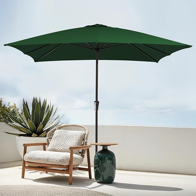 JEAREY 8x10 ft Rectangular Patio Umbrellas Outdoor Table Market Umbrella w/Crank, 8 Sturdy Ribs, UV Protection Windproof Sunproof for Garden, Deck, Backyard, Pool(Dark Green)