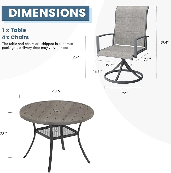 DIFY 5 Piece Outdoor Patio Dining Set for 4, 40.6" Grey Wood-Like Round Metal Dining Table and Swivel Patio Chairs with Grey Padded Textilene, All-Weather Outdoor Furniture Set for Garden Backyard