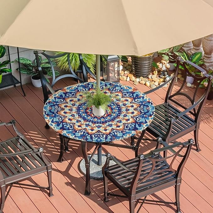 OSAM SPACE Outdoor Tablecloth with Umbrella Hole, Round Elastic Fitted Table Cloth with Invisible Zipper,Colorful Blue Orange Boho Mandala Picnic Patio Table Cover 36-44in