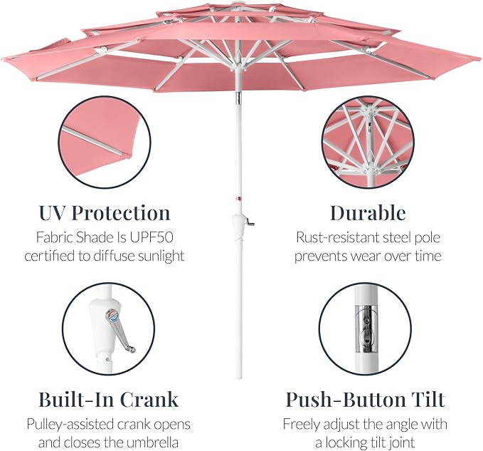 Best Choice Products 10ft 3-Tier Patio Umbrella White Pole, Outdoor Market Umbrella with Push Button Tilt and Crank Lift, Steel Pole Umbrella for Backyard Patio Pool Outdoor Shade