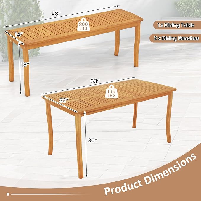 Tangkula 3 Pieces Patio Wood Dining Set, 63 Inch Outdoor Acacia Rectangular Table with 1.97” Umbrella Hole and Benches Set, for Deck, Garden and Backyard