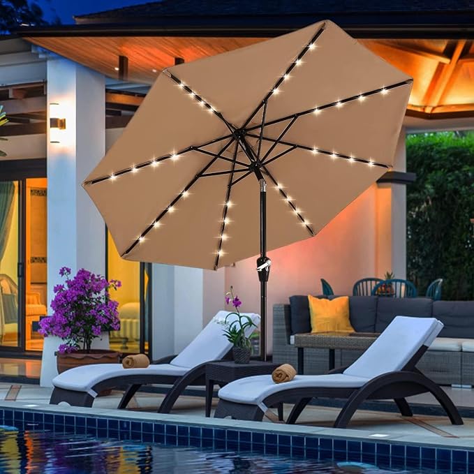 ABCCANOPY 7.5FT Durable Solar Led Patio Umbrellas with 24LED Lights (Khaki)