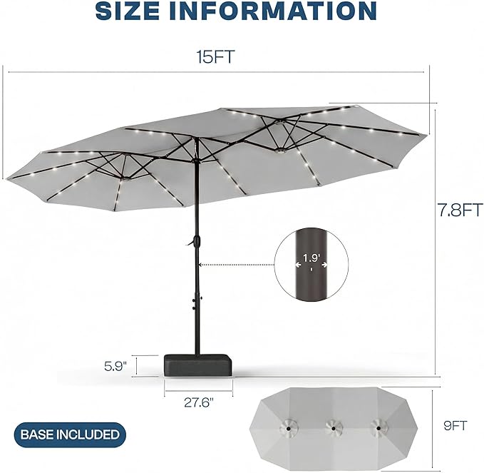 15FT Large Outdoor Patio Umbrella with Solar Lights and Base, Double-Sided Table Umbrellas with 48 LED Lights, Rectangle Market Umbrella for Pool, Deck, Backyard
