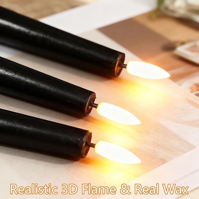 GenSwin Black Flameless Taper Candles with Remote, Halloween Flameless Candles Flickering Battery Operated, Real Wax LED Halloween Candlesticks with 3D Wick for Home Decor(Set of 3, 0.78” x 9.65”)