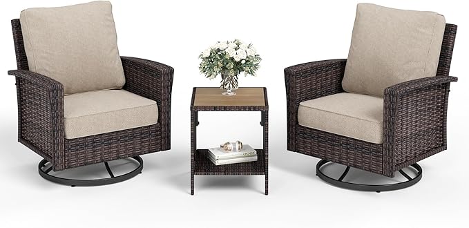 Patio Wicker Swivel Chairs Set of 2, Outdoor High Back Chairs with 5.5" Waterproof Cushions and Side Table, Outdoor Furniture Set for Deck Porch and Yard, Beige