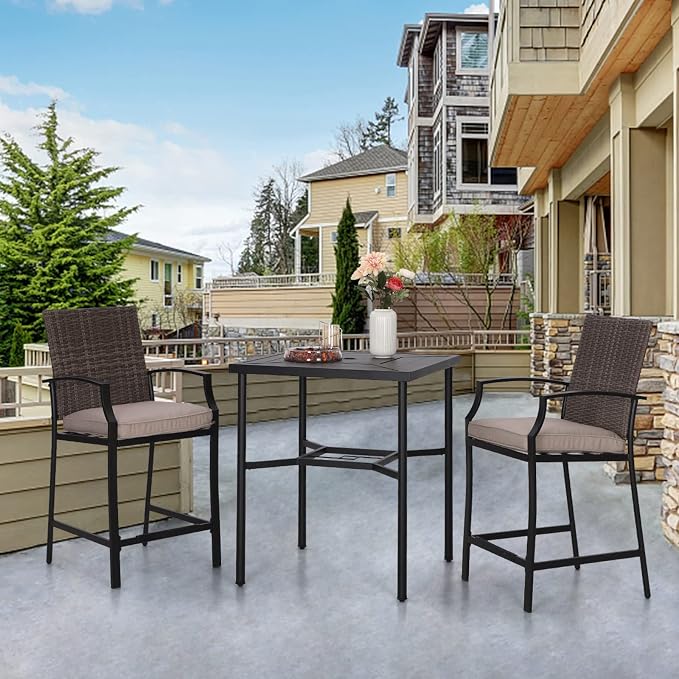 PHI VILLA Outdoor Bar Table 38" Height Patio Metal Bistro Dining Table Square with Umbrella Hole for Lawn Garden Backyard